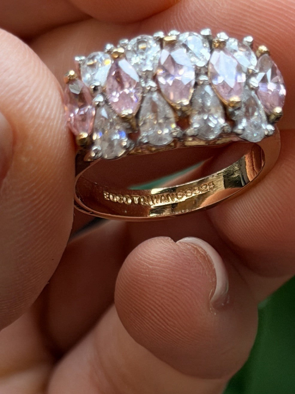 925 Sterling Silver Gold Plated Pink Morganite & White Clear Beryl Ring Size 8