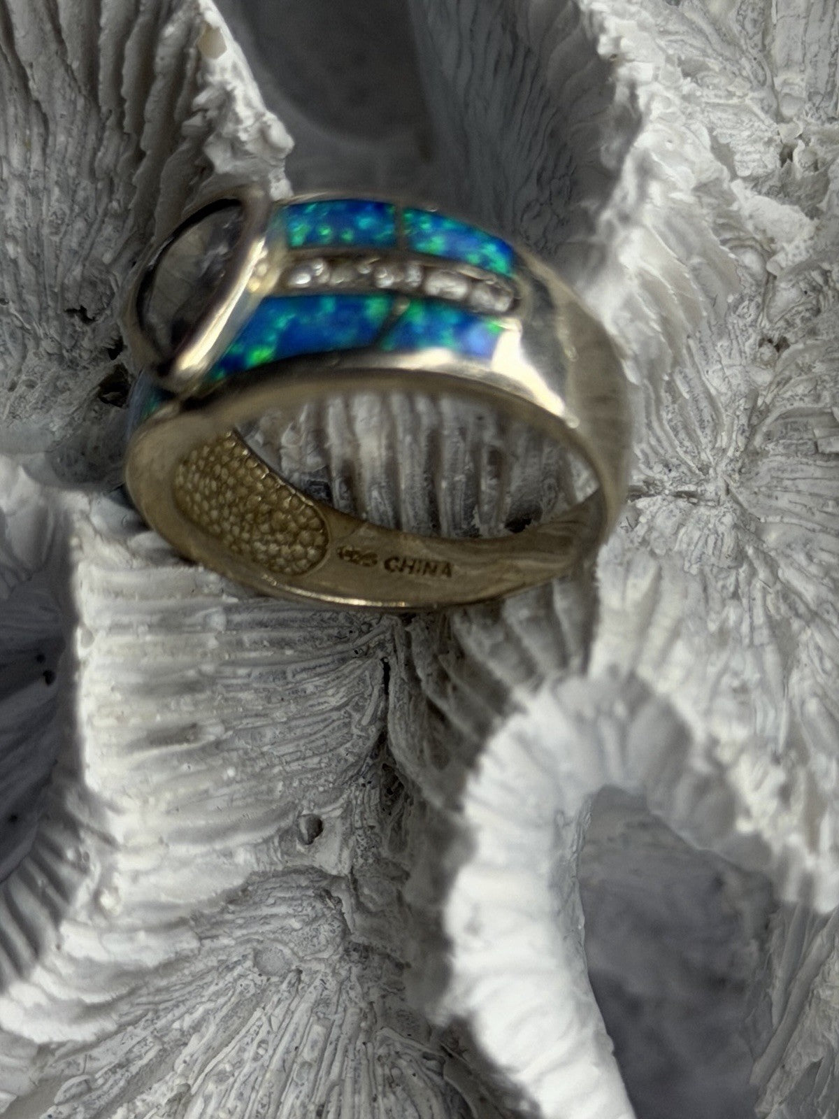 925 Sterling Silver Opal & Beryl Ring Size 8