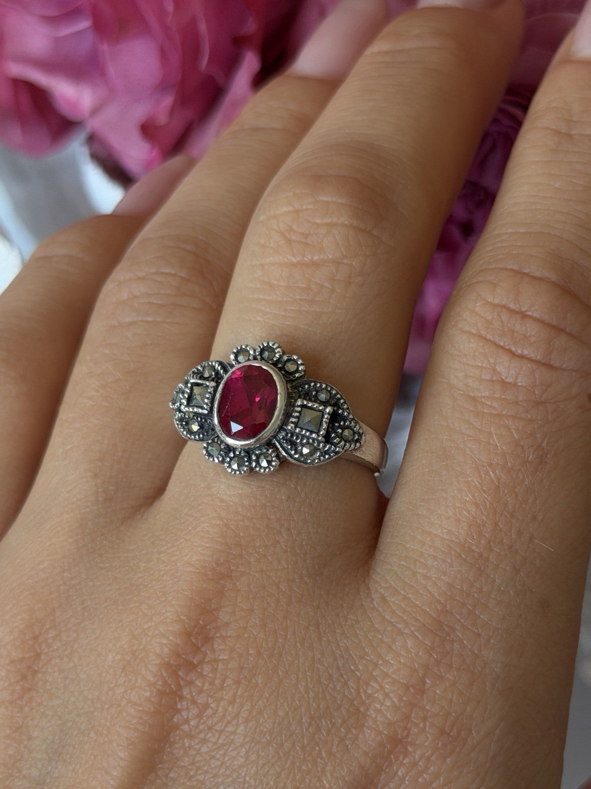 925 Sterling Silver Ruby & Marcasite Ring Size 8