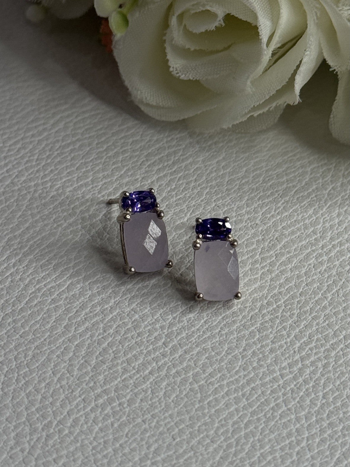 925 Sterling Silver Morganite & Amethyst Earrings Length 0.45 Inch