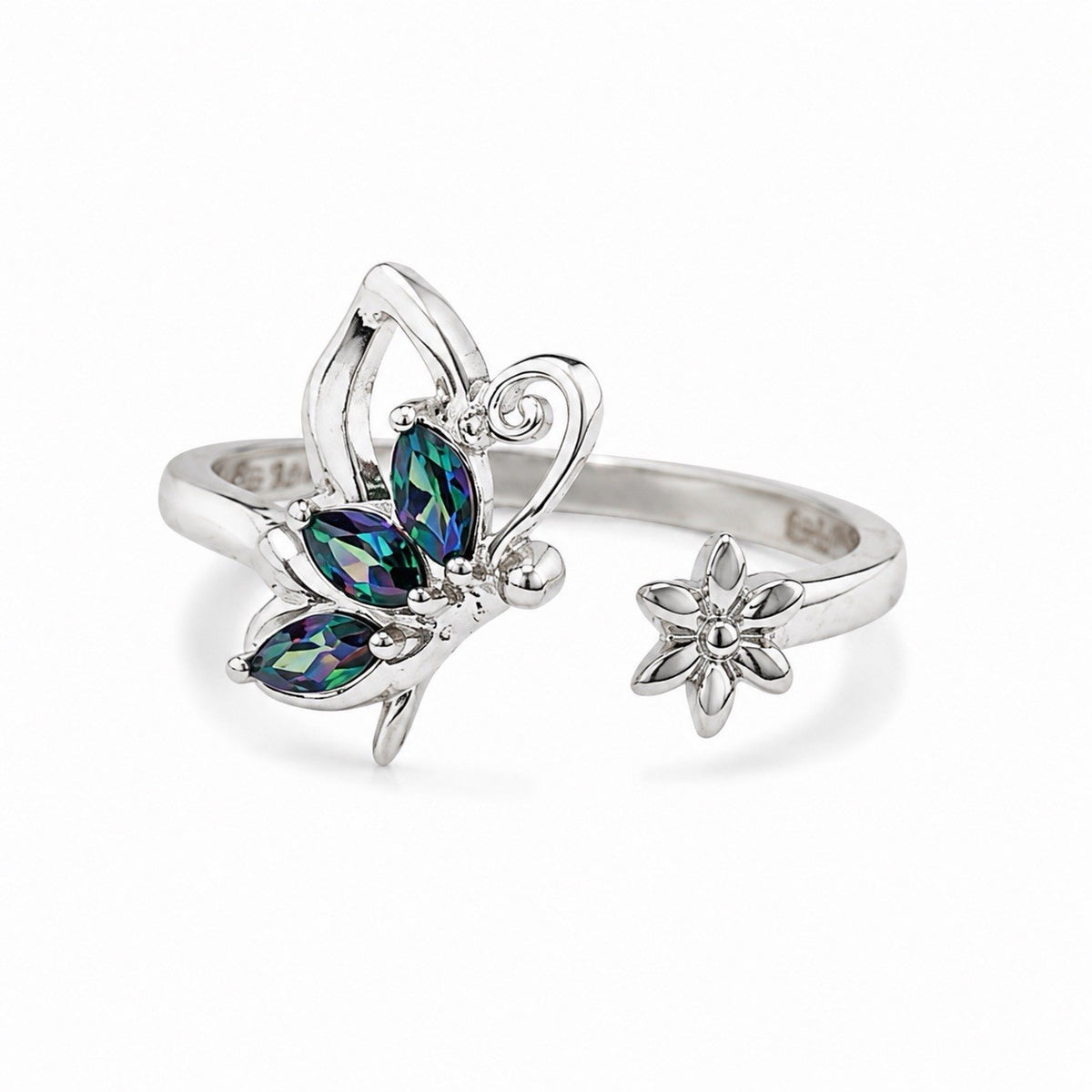 925 Sterling Silver Mystic Topaz Butterfly & Flower Ring Adjustable