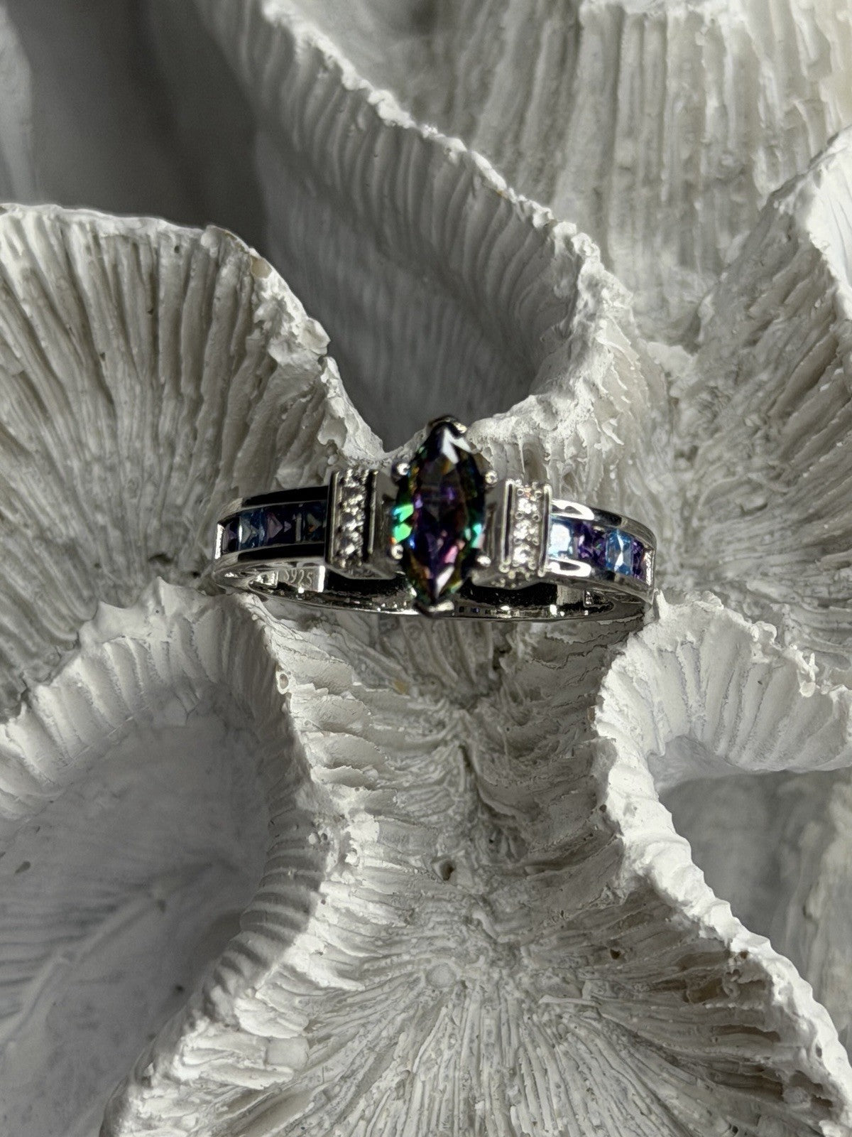 925 Sterling Silver Mystic Topaz Blue Topaz Amethyst Beryl Ring Size 10.5