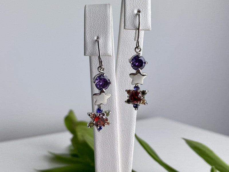 Dangle Earrings with Multicolor CZ  "Flowers & Stars"