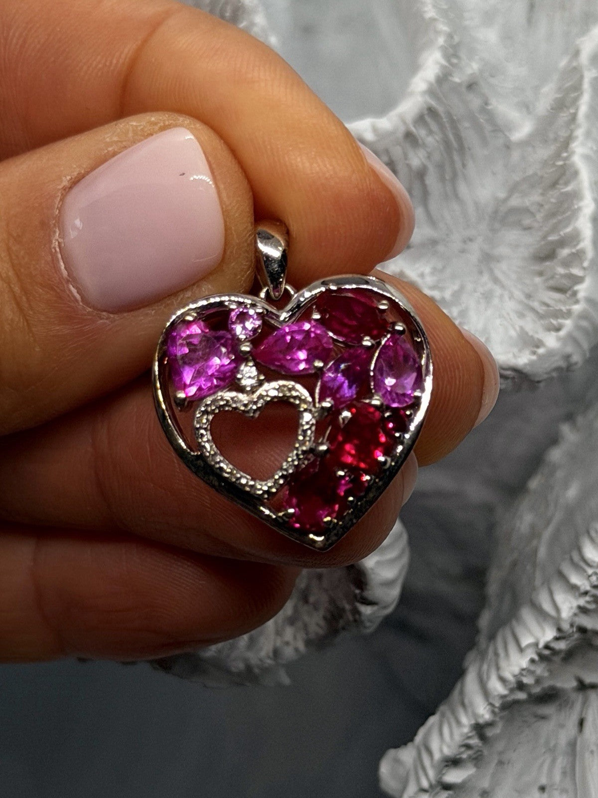 JWBR 925 Sterling Silver Pink Red White Topaz Stone Heart Pendant