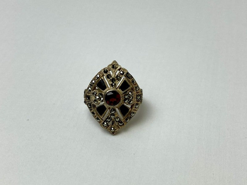 925 Sterling Silver Spessartine, Black Nephrite & Marcasites Ring Size 6.5