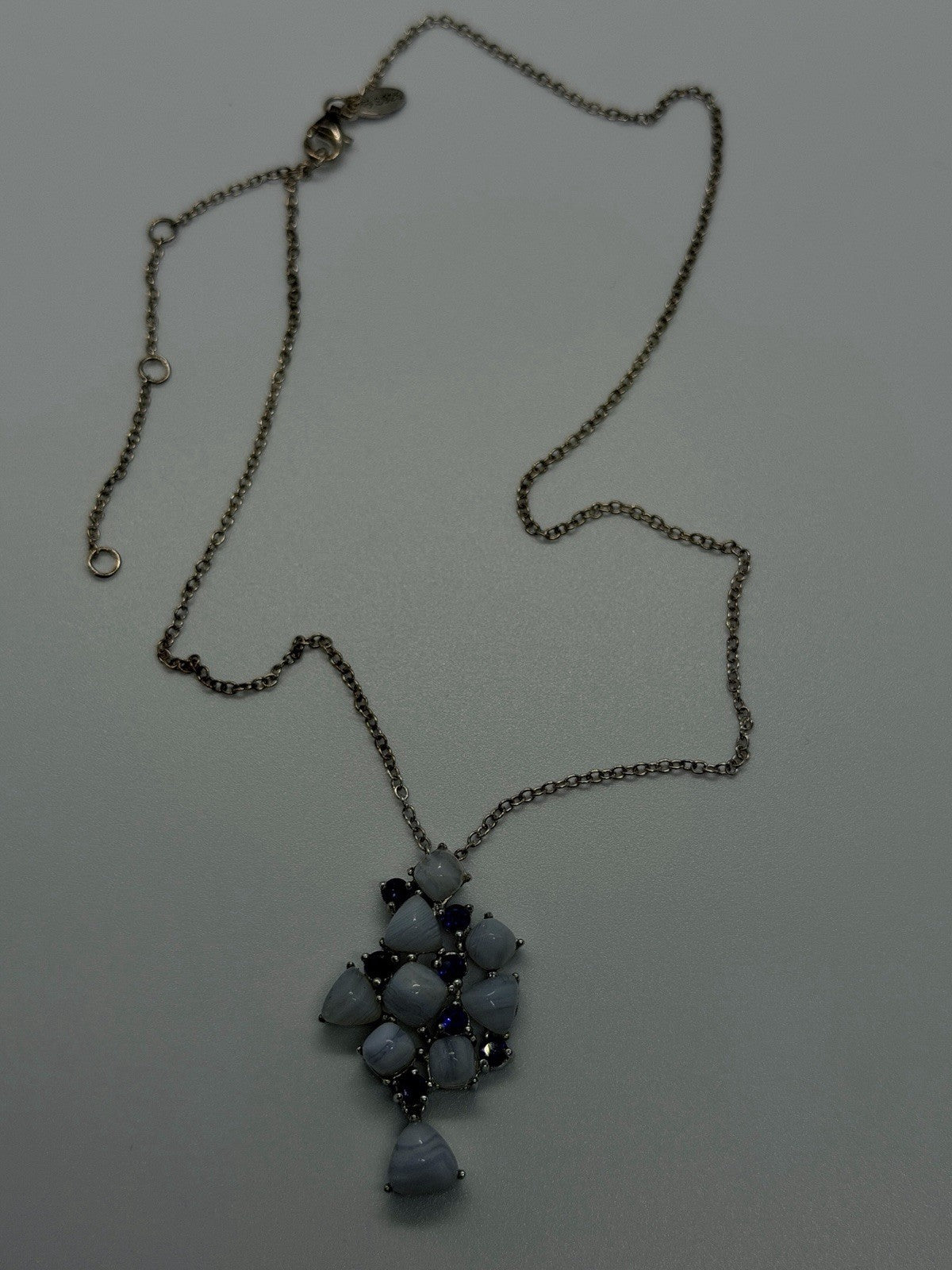 925 Sterling Silver Blue Lace Agate & Blue Sapphire Statement Pendant Necklace