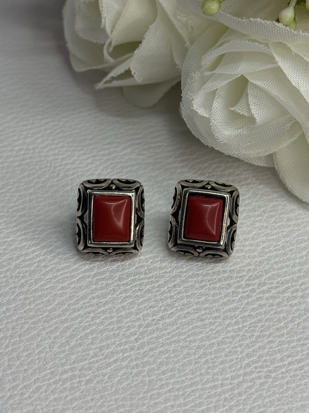 Vintage 925 Sterling Silver Carnelian Earrings Length 0.52 Inch