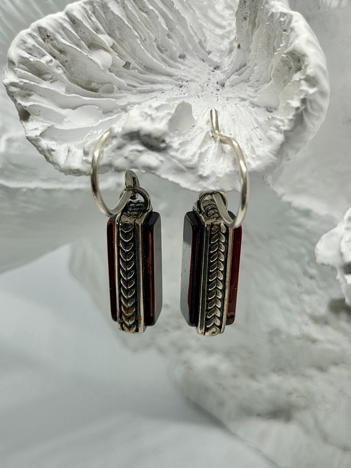 Vintage 925 Sterling Silver Red Garnet Double-Sided Dangle Earrings