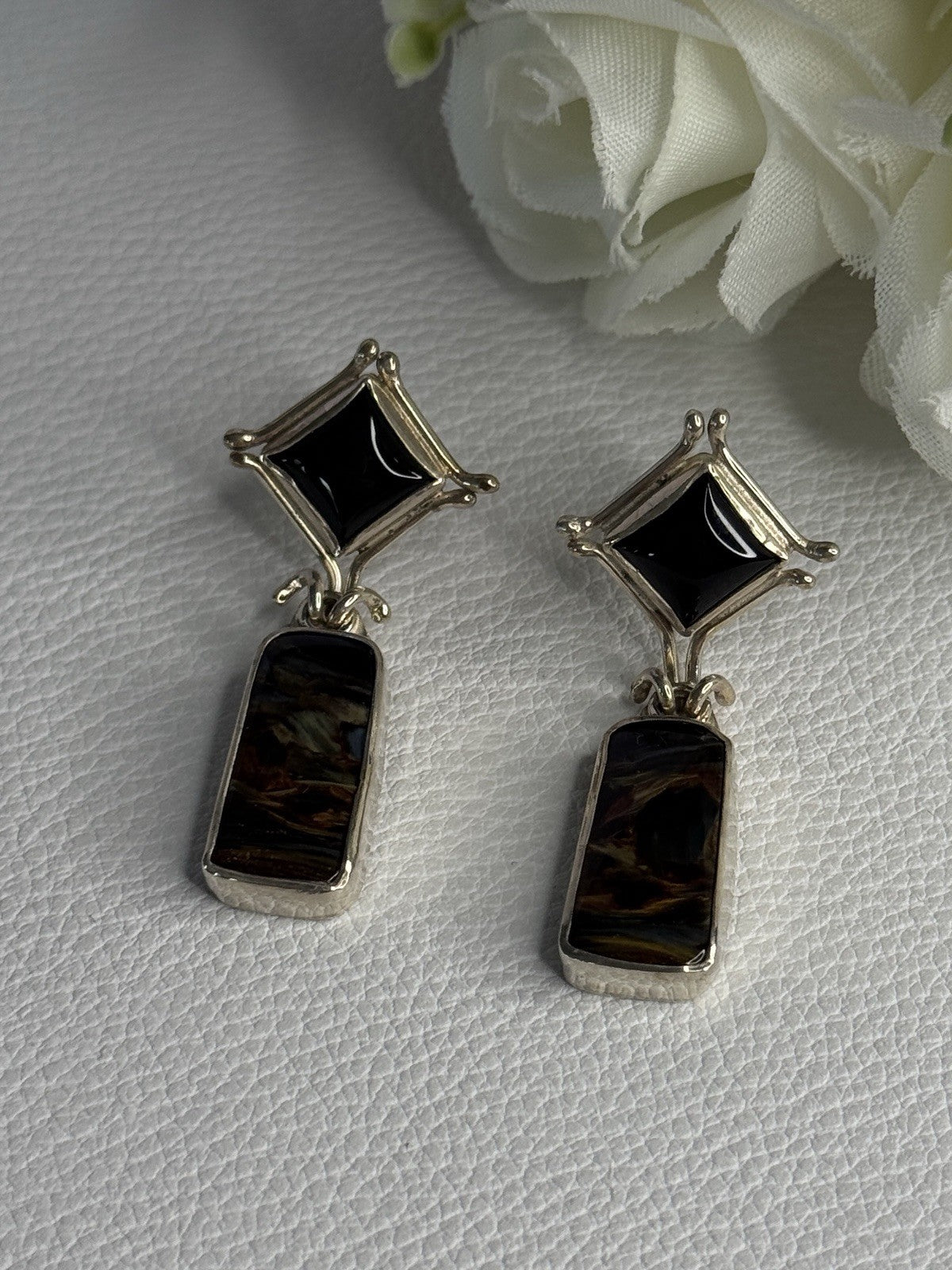 925 Sterling Silver Abalone & Onyx Earrings Length 1.50 Inch