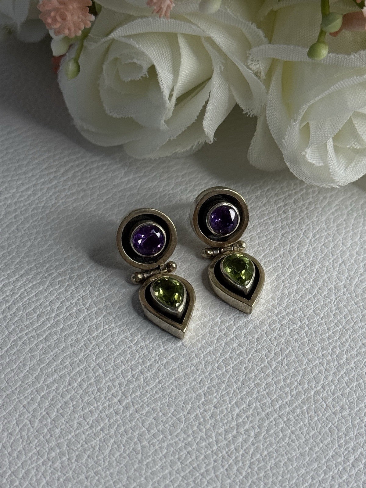 925 Sterling Silver Amethyst & Peridot Earrings Length 1 Inch