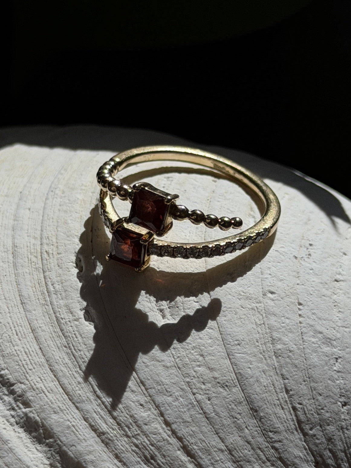 Modern Adjustable 14K Yellow Gold Garnet & Diamond Ring