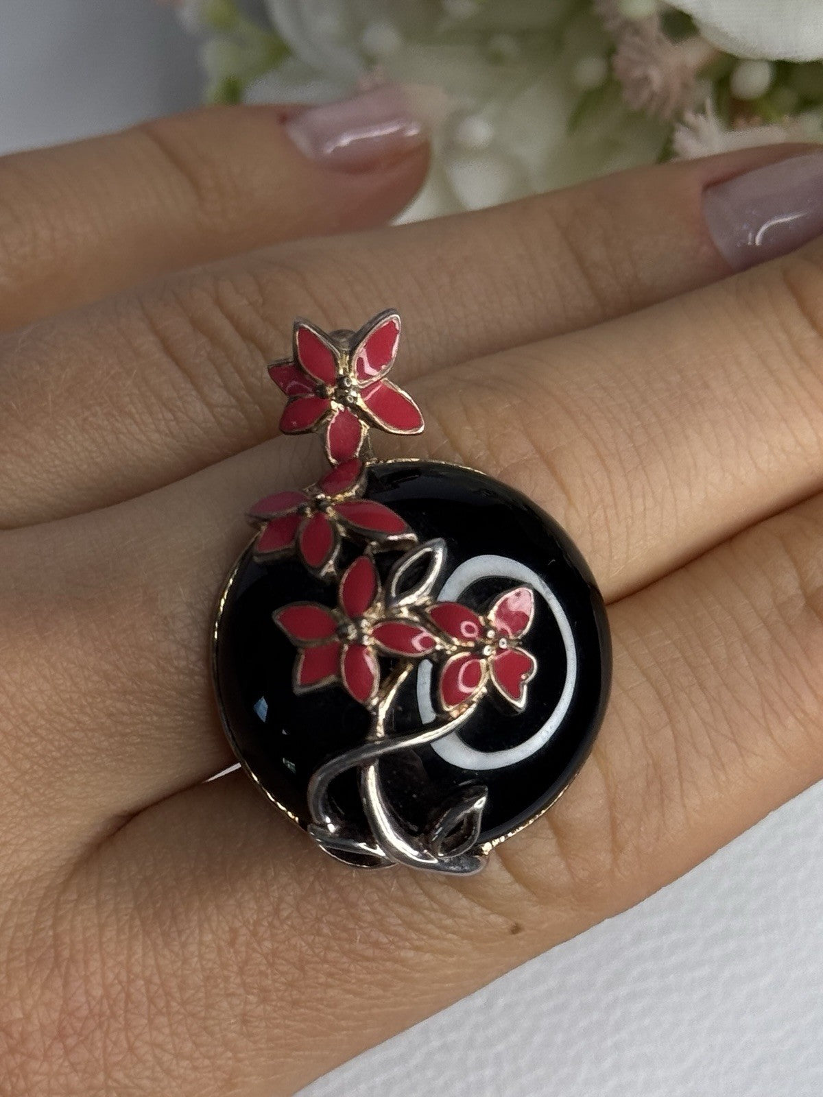 925 Sterling Silver Black Onyx & Red Enamel Flowers Pendant Length 1.40 Inch