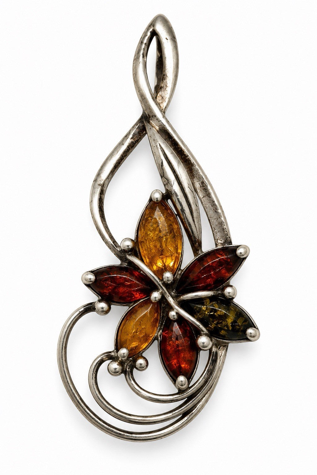 Vintage 925 Sterling Silver Multicolor Baltic Amber Floral Pendant