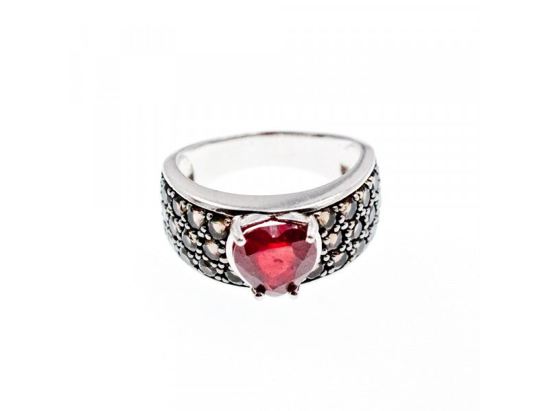 925 Sterling Silver Ruby & Hessonite "Heart" Ring Size 9