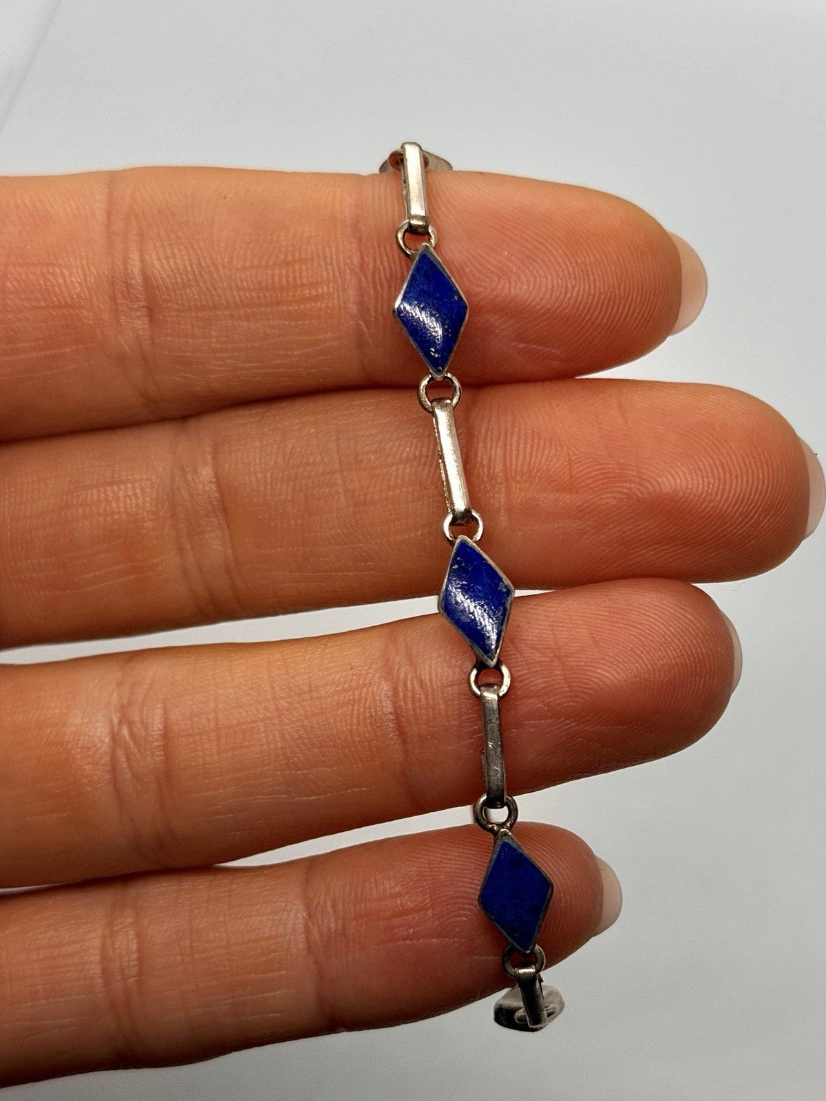 Vintage 925 Sterling Silver Sodalite Link Geometric Bracelet 6.5