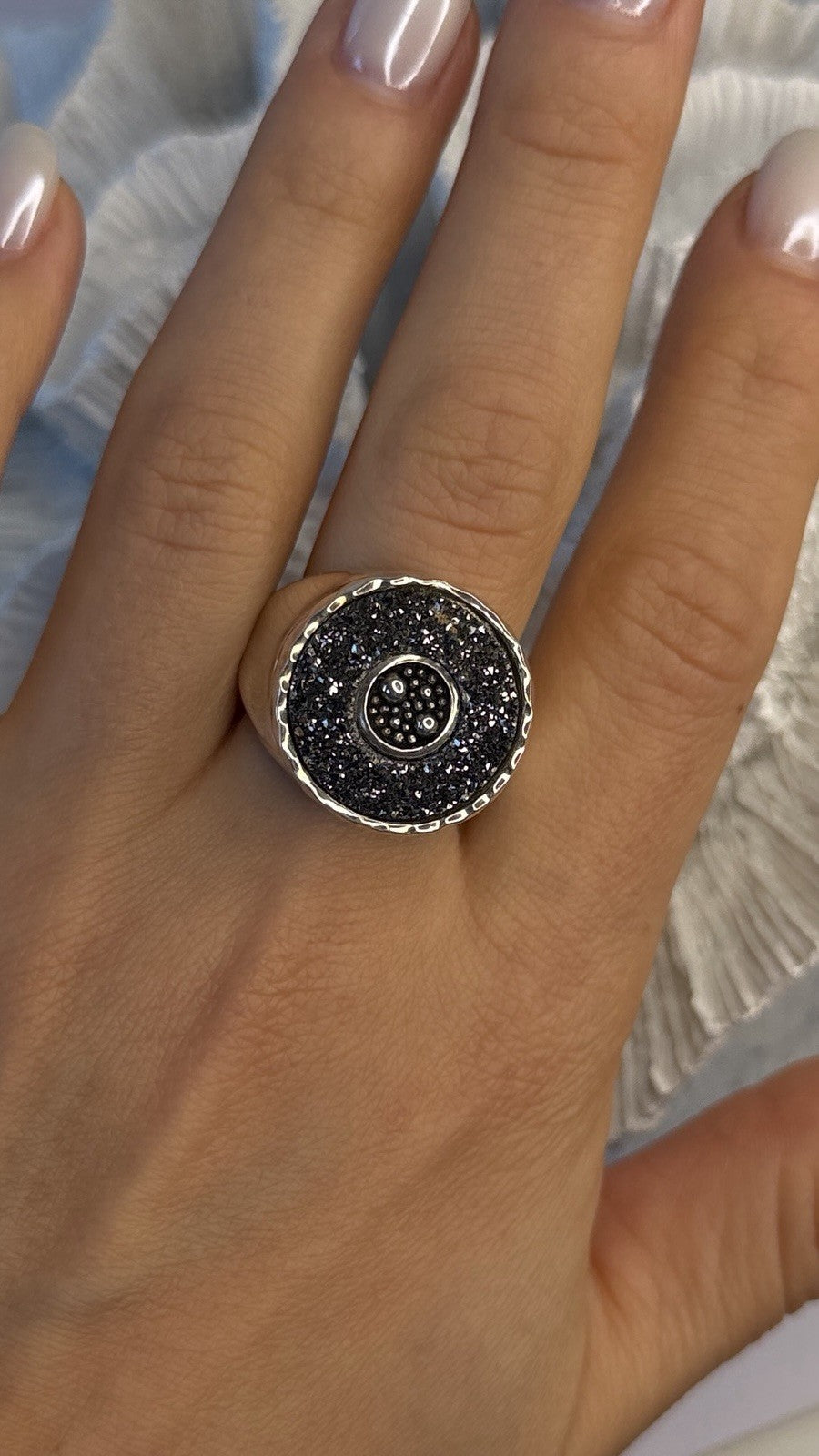 Michael Dawkins Starry Night 925 Sterling Silver Black Druzy Quartz Ring Size 9