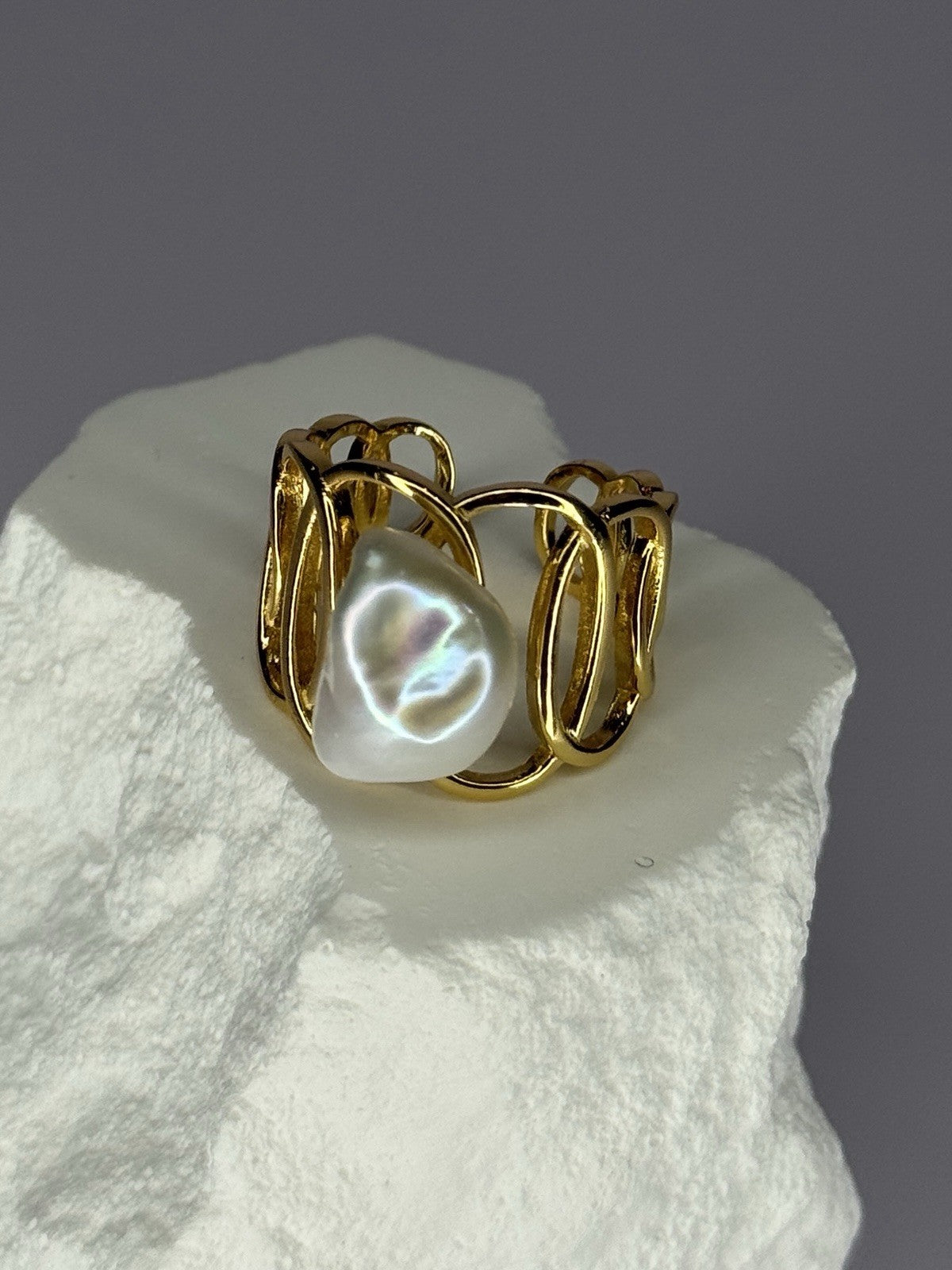 925 Sterling Silver Gold Plated Pearl  Ring Size Adjustable