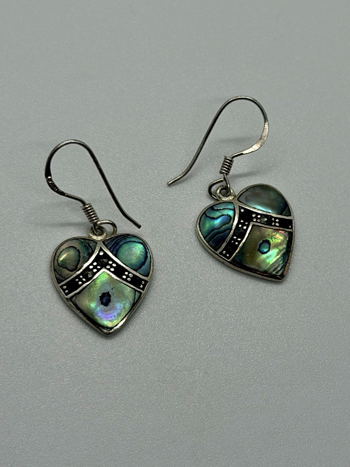 Vintage 925 Sterling Silver Abalone Shell heart Dangle Earrings