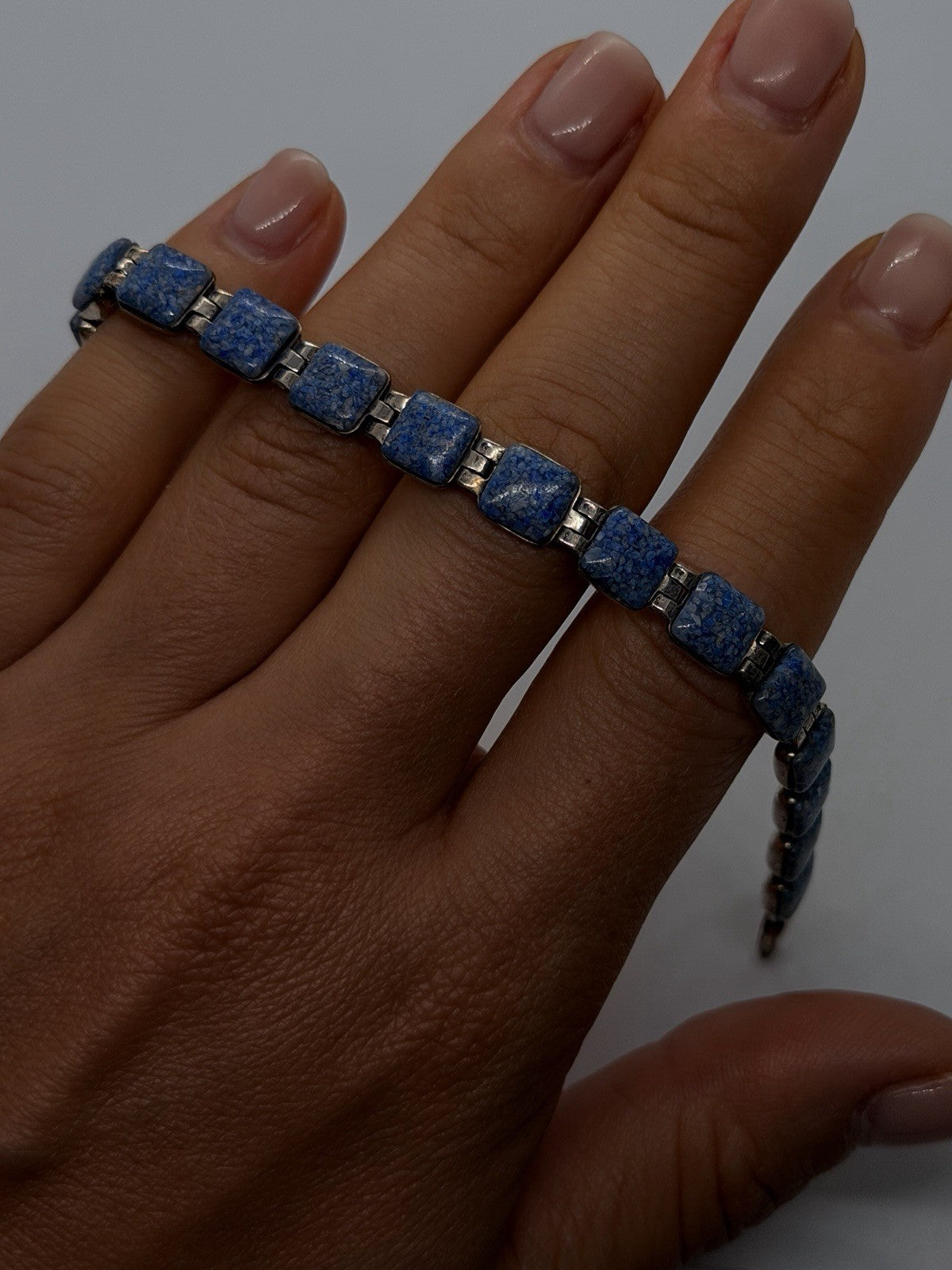 Geometric Southwestern 925 Sterling Silver Lapis Lazuli Square Link Bracelet 7.5