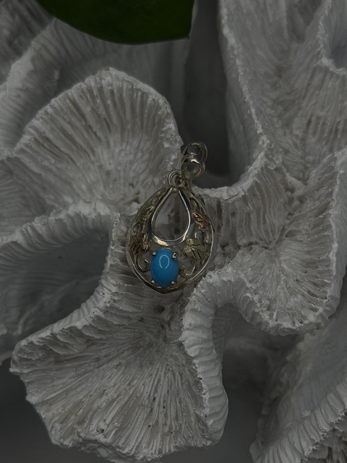 925 Sterling Silver Yellow and Rose Gold Plated Leaf Turquoise Pendant