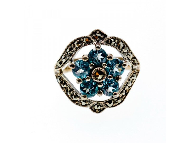 925 Sterling Silver Blue Topaz & Marcasites Ring Size 8