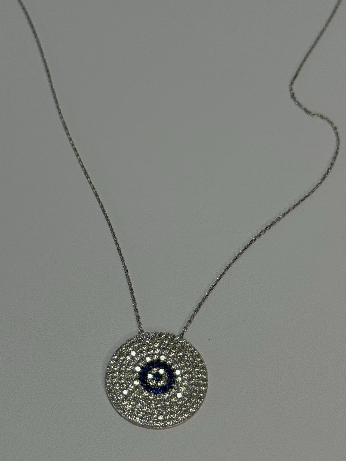 14K WHITE GOLD NECKLACE WHITE & BLUE CRYSTALS LENGTH 17 INCH