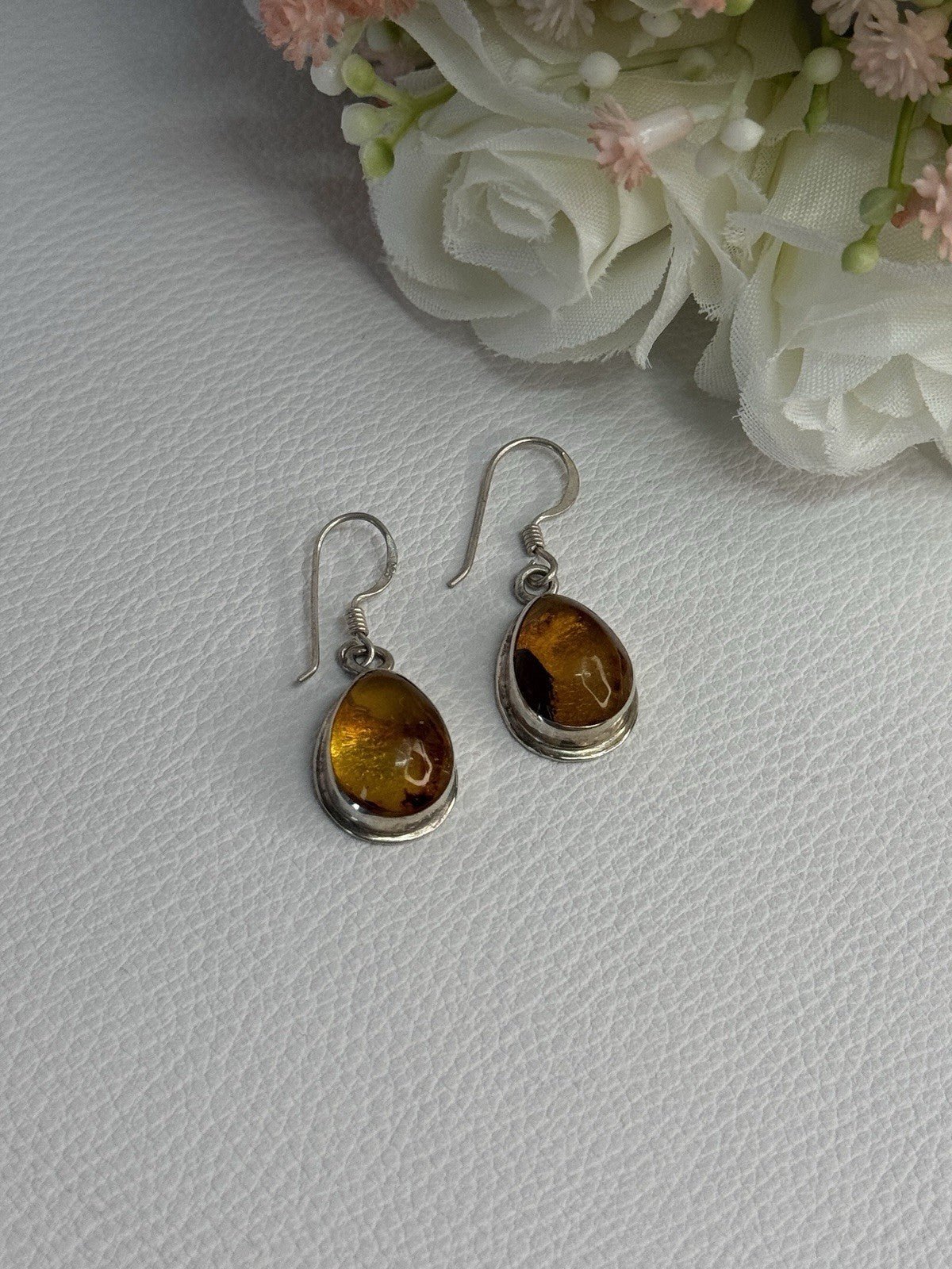 925 Sterling Silver Amber Earrings Length 1.30 Inch