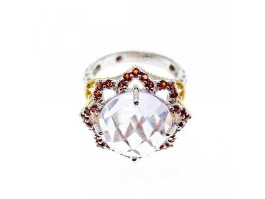 925 Sterling Silver With Gilding Morganite & Garnet "Flower" Ring Size 7
