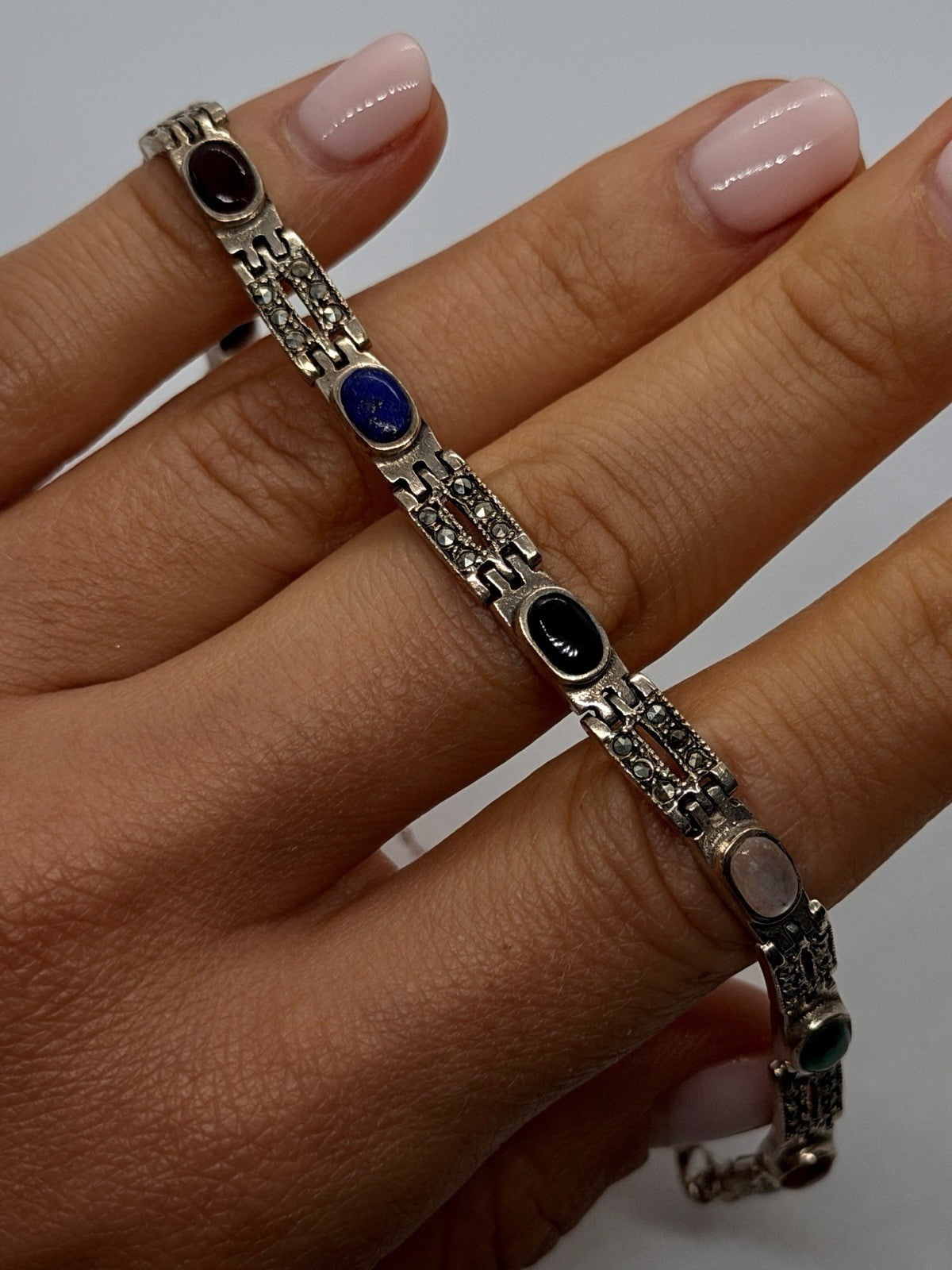 Vintage Marcasite Link Design 925 Sterling Silver MultiStone Bracelet Adjustable
