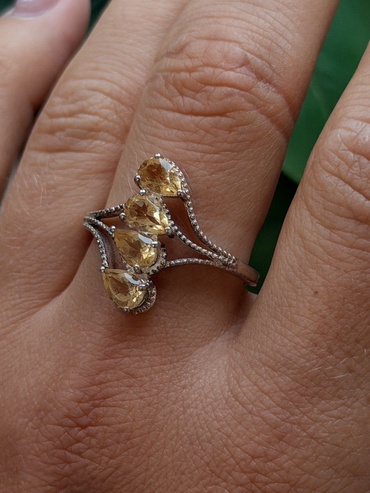 925 Sterling Silver Pear Cut 4 Stones Yellow Citrine Ring Size 10