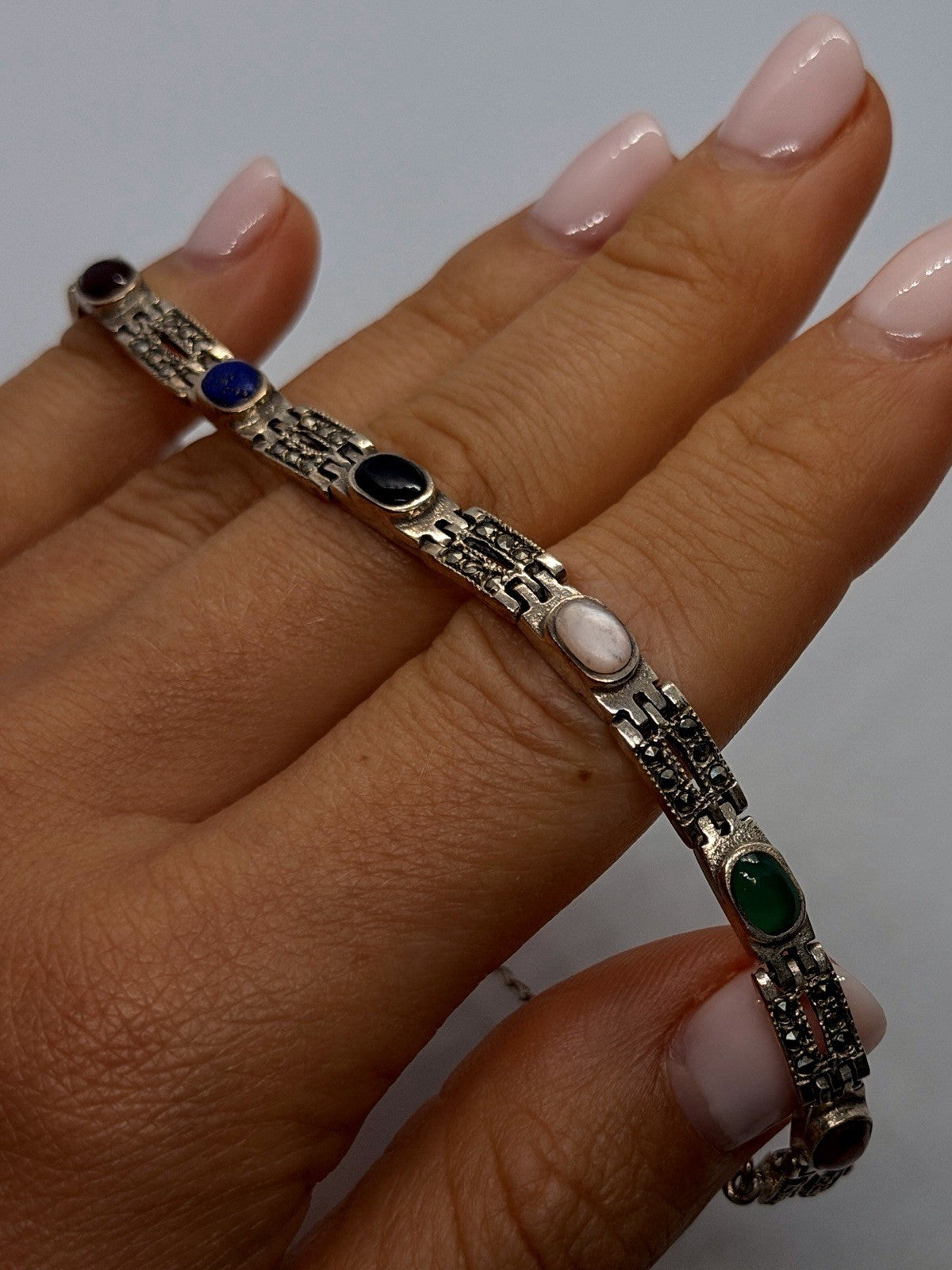 Vintage Marcasite Link Design 925 Sterling Silver MultiStone Bracelet Adjustable