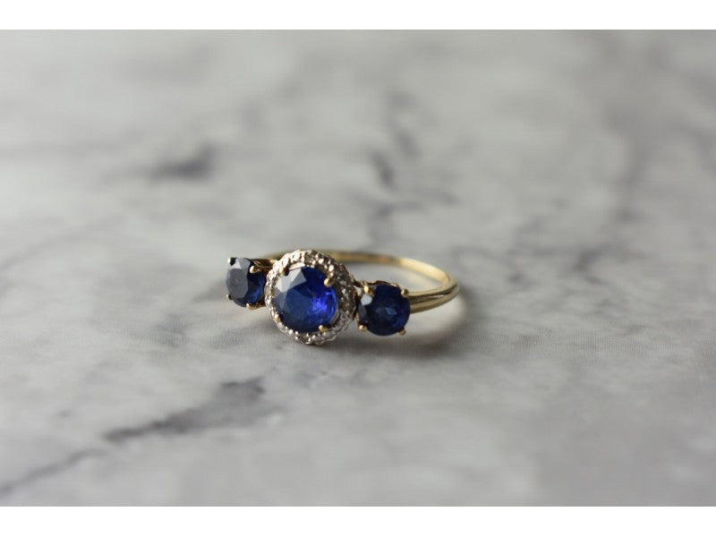 10K Yellow Gold London Blue Topaz & Diamonds Ring Size 6.5