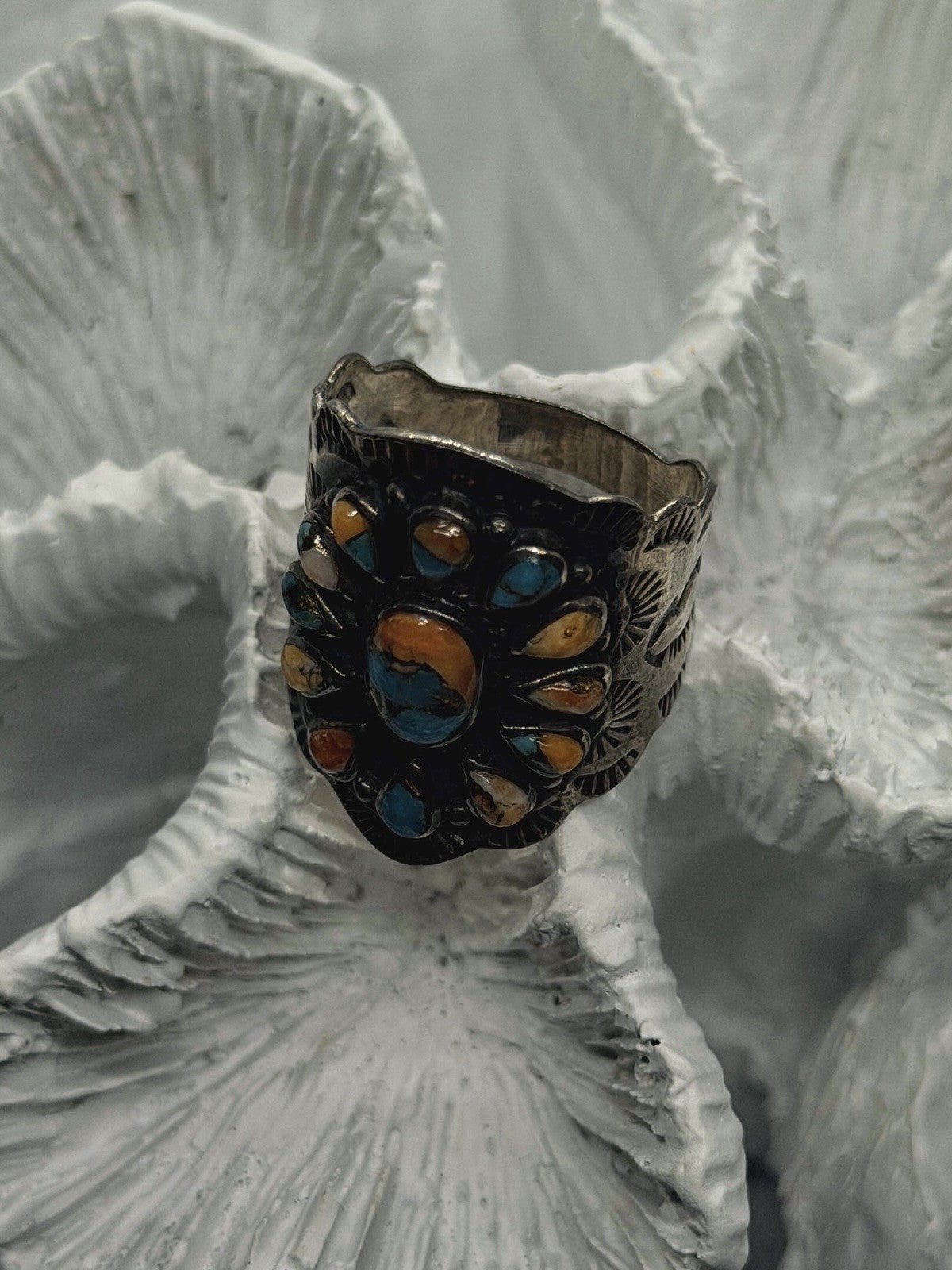 Southwestern Floral 925 Sterling Silver Turquoise Spiny Oyster Ring Size 8