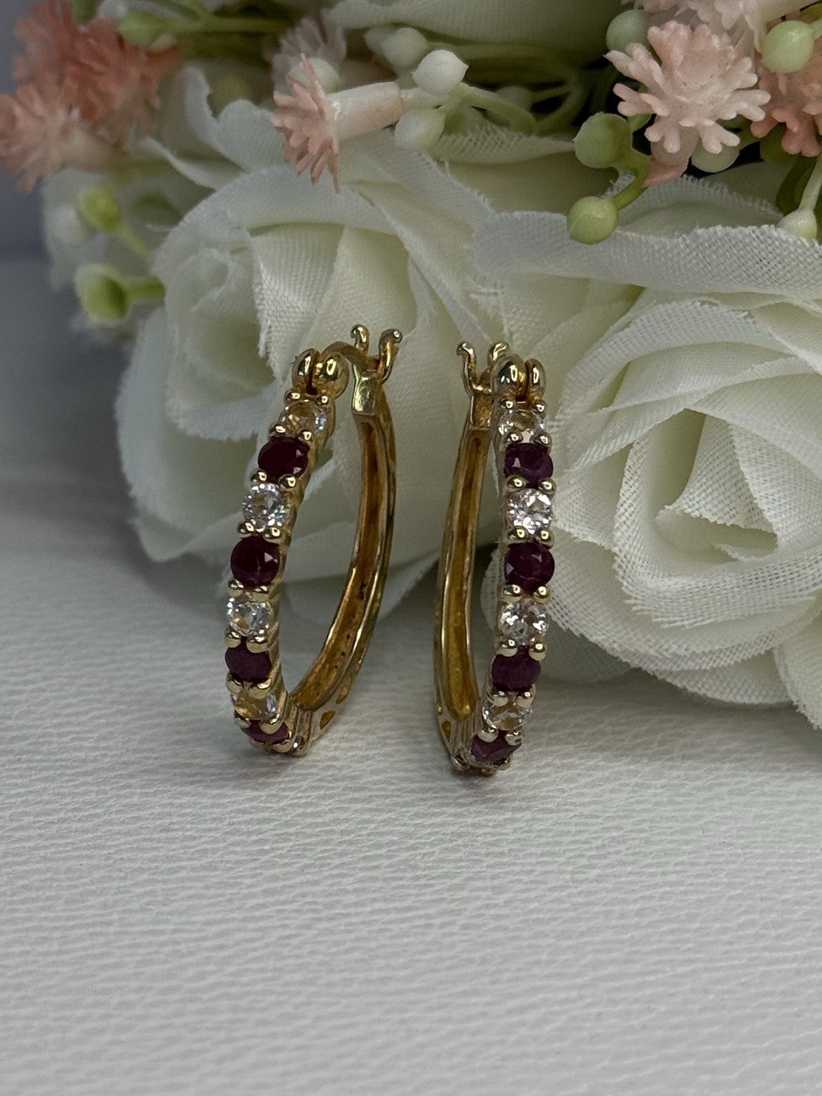 925 Sterling Silver Gold Plated Ruby & Beryl Earrings Length 1.10 Inch