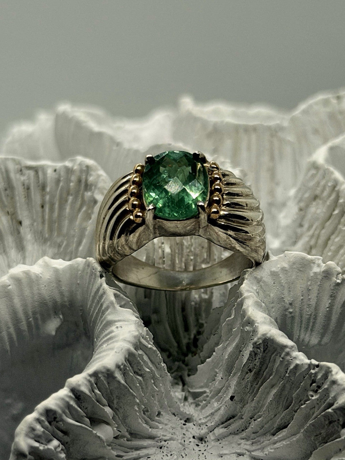 925 Sterling Silver & 14K Yellow Gold Accent Emerald Ring Size 7