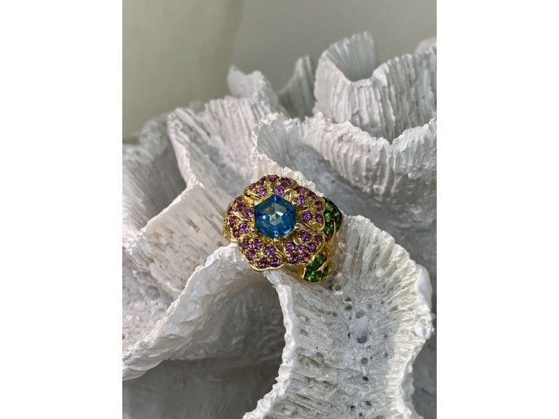 925 Sterling Silver Gold Plated Topaz, Peridot & Spinel "Flower" Ring Size 7.5