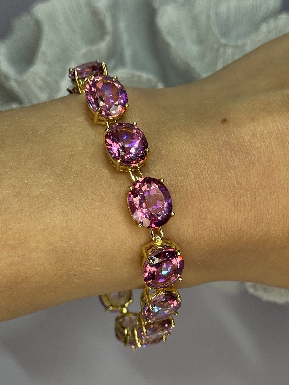 925 Sterling Silver Gold Plated Pink Mystic Topaz Bracelet Length 8.5 Inch