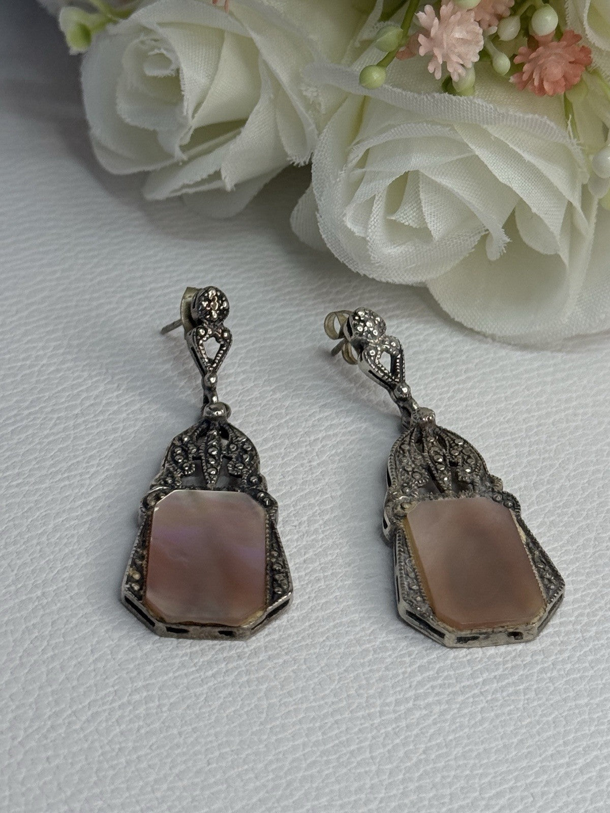 Vintage 925 Sterling Silver Abalone Earrings Length 2 Inch