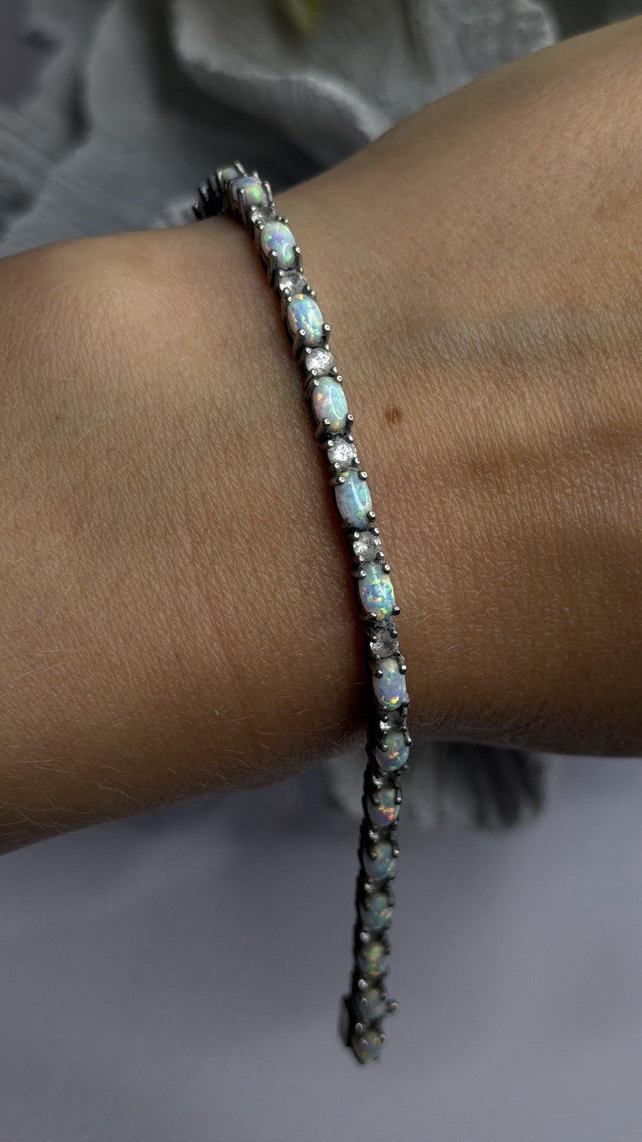 Tennis 925 Sterling Silver Fire Opal & Beryl Link Bracelet Size 7.5