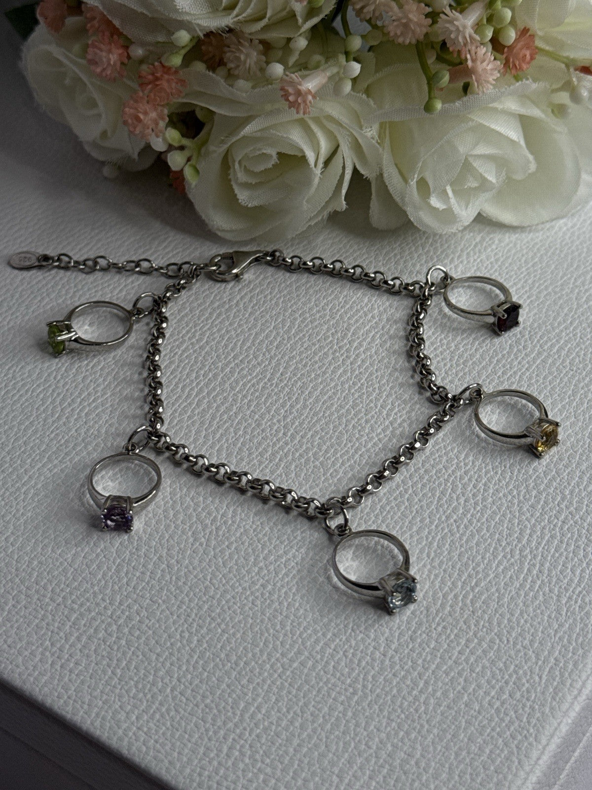 925 Sterling Silver Bracelet Multicolor Gemstones Length 8, 9 Inch