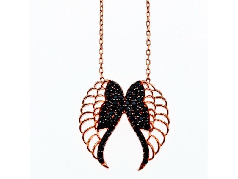 925 Sterling Silver Gold Plated Black CZ "Angel's Wings" Necklace