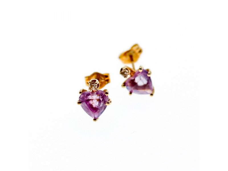14K Yellow Gold Amethyst & Diamonds "Hearts" Stud Earrings