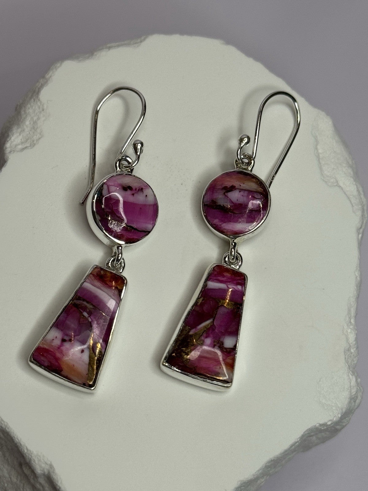 925 Sterling Silver Pink Oyster Turquoise Earrings Length 2 Inch