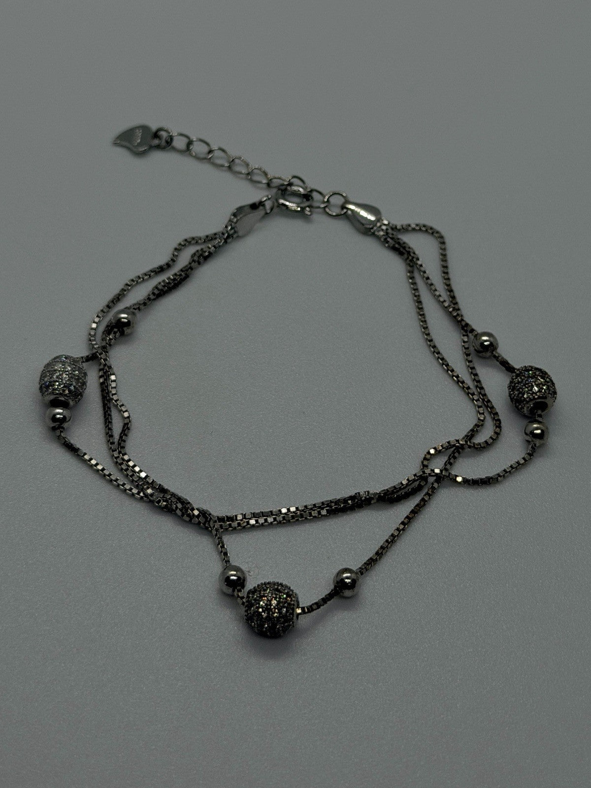925 Sterling Silver Multi-Strand Box Chain Pave Cz Beads Bracelet Size 6.5/8