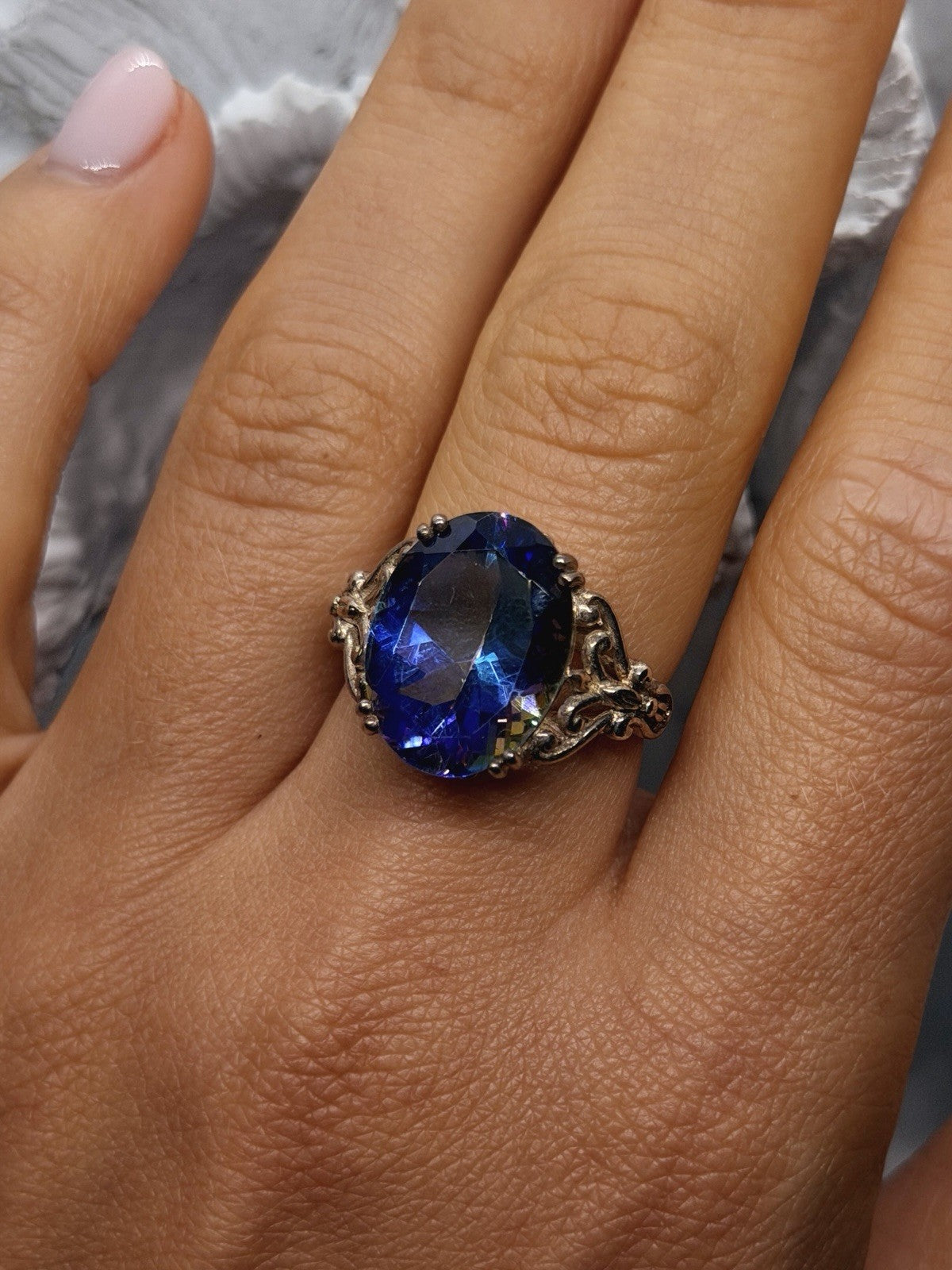 925 Sterling Silver Mystic Topaz Oval Floral Ring Size 8