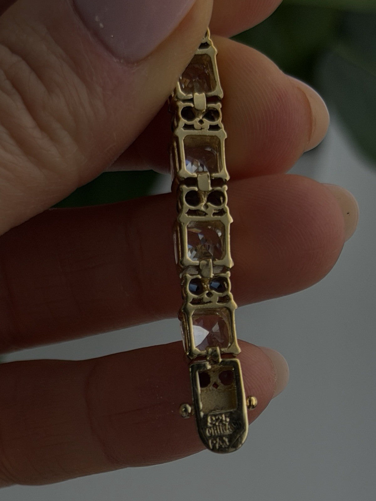 925 Sterling Silver Gold Plated White Colorless & Blue Cz Bracelet 7.5