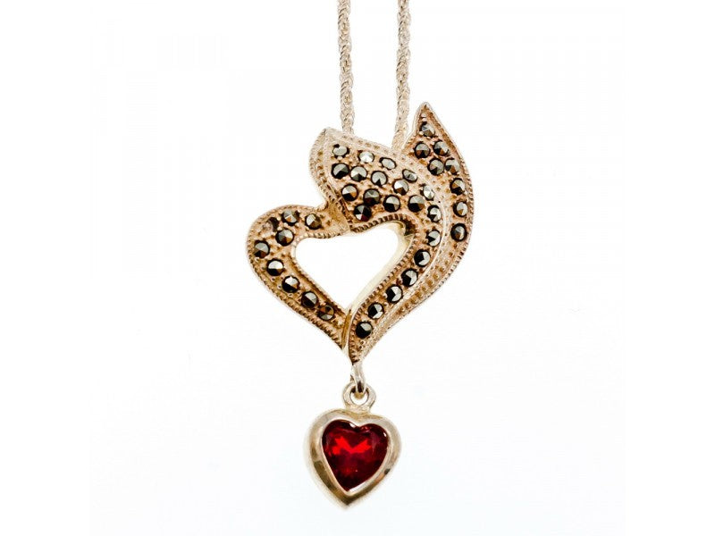 925 Sterling Silver Almandine & Marcasites Chain With Pendant