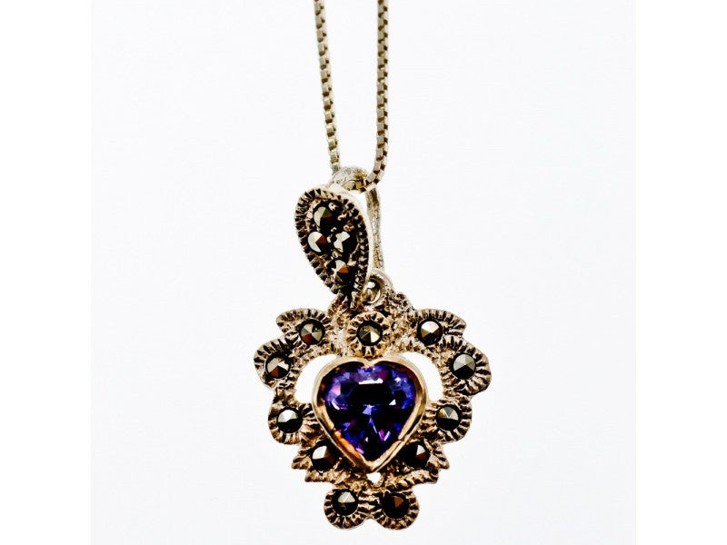 925 Sterling Silver Amethyst & Marcasites "Heart" Chain With Pendant Italy