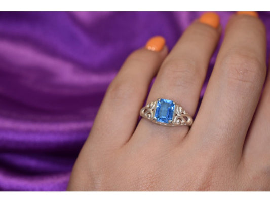 925 Sterling Silver Blue Topaz Openwork Ring Size 6.5