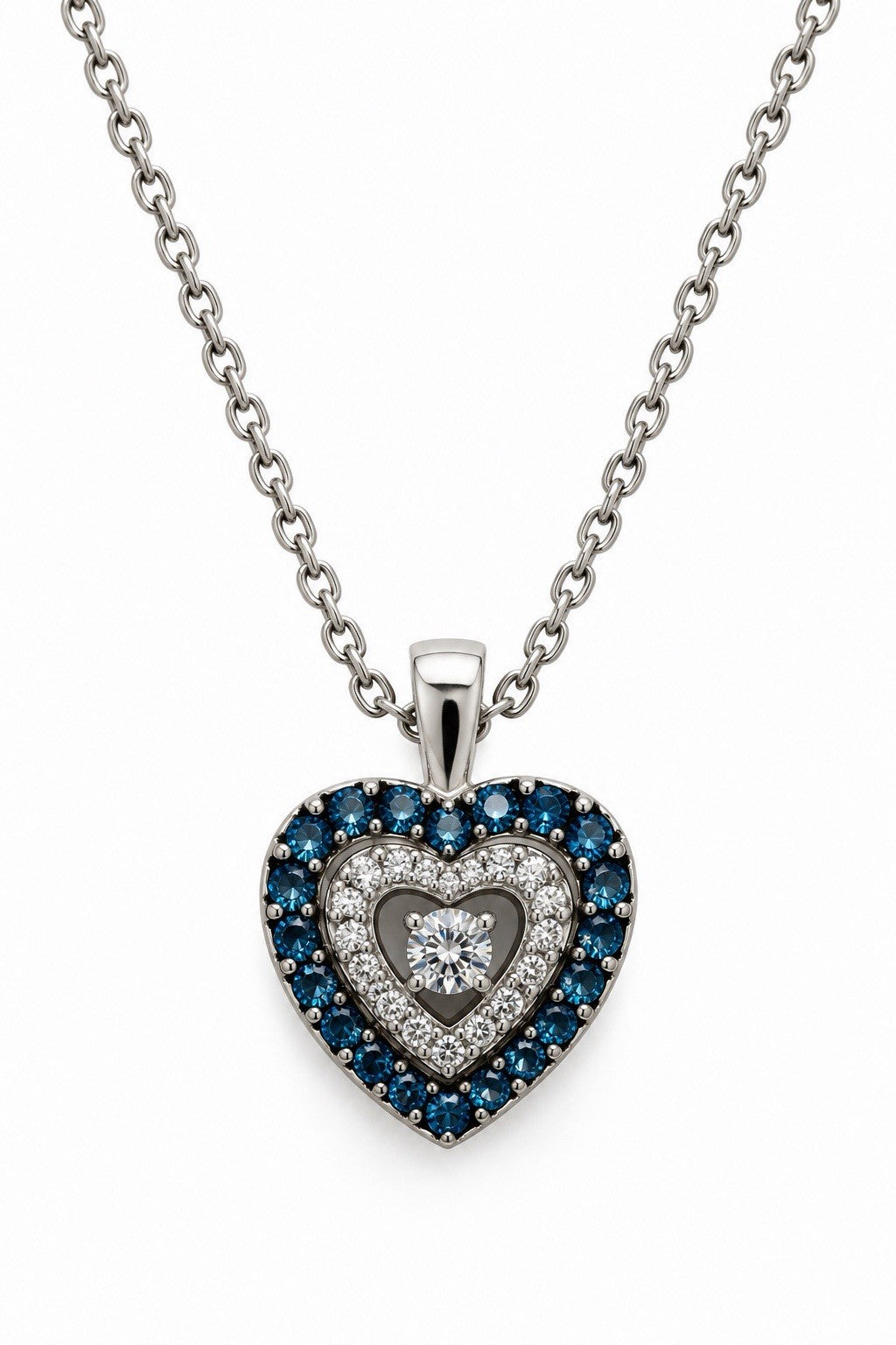 925 Sterling Silver Blue & White Spinel Heart Spinner Necklace